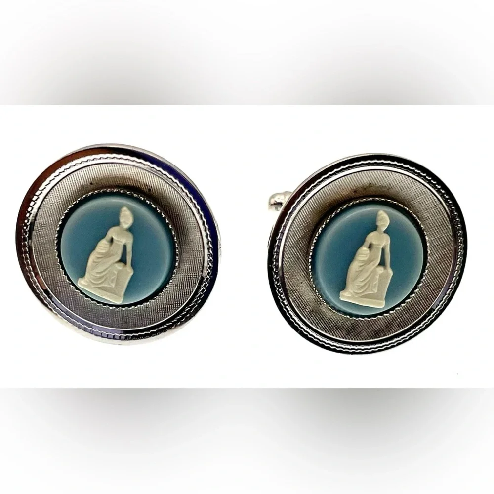 Vintage Silver Tone Textured Round Cufflinks Blue and White Faux Cameo Center
